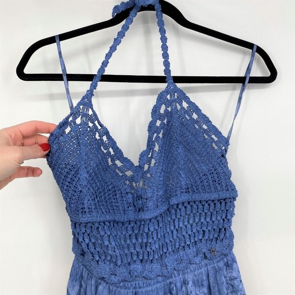 Guess Vanda Crochet V-neck Halter Silk Blend Long Dress Blue Womens Large - Picture 7 of 12